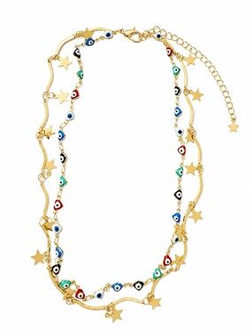 Gold-tone adjustable cable chain necklace with evil eye beads and star charm